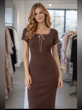 Sunday Edition Chic Brown Midi Dress with Tie Accents